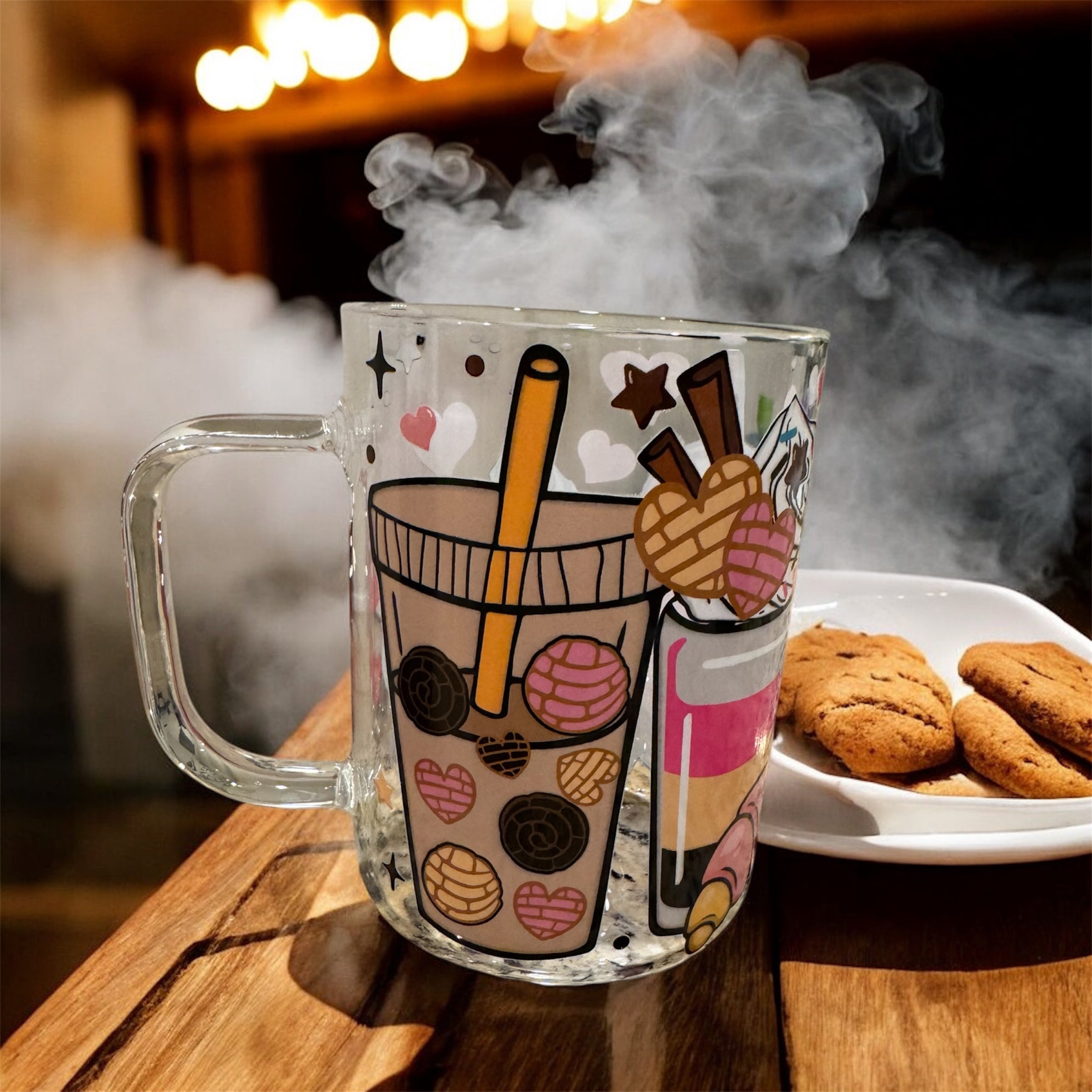 Cafecito y chisme clear glass mug with lid