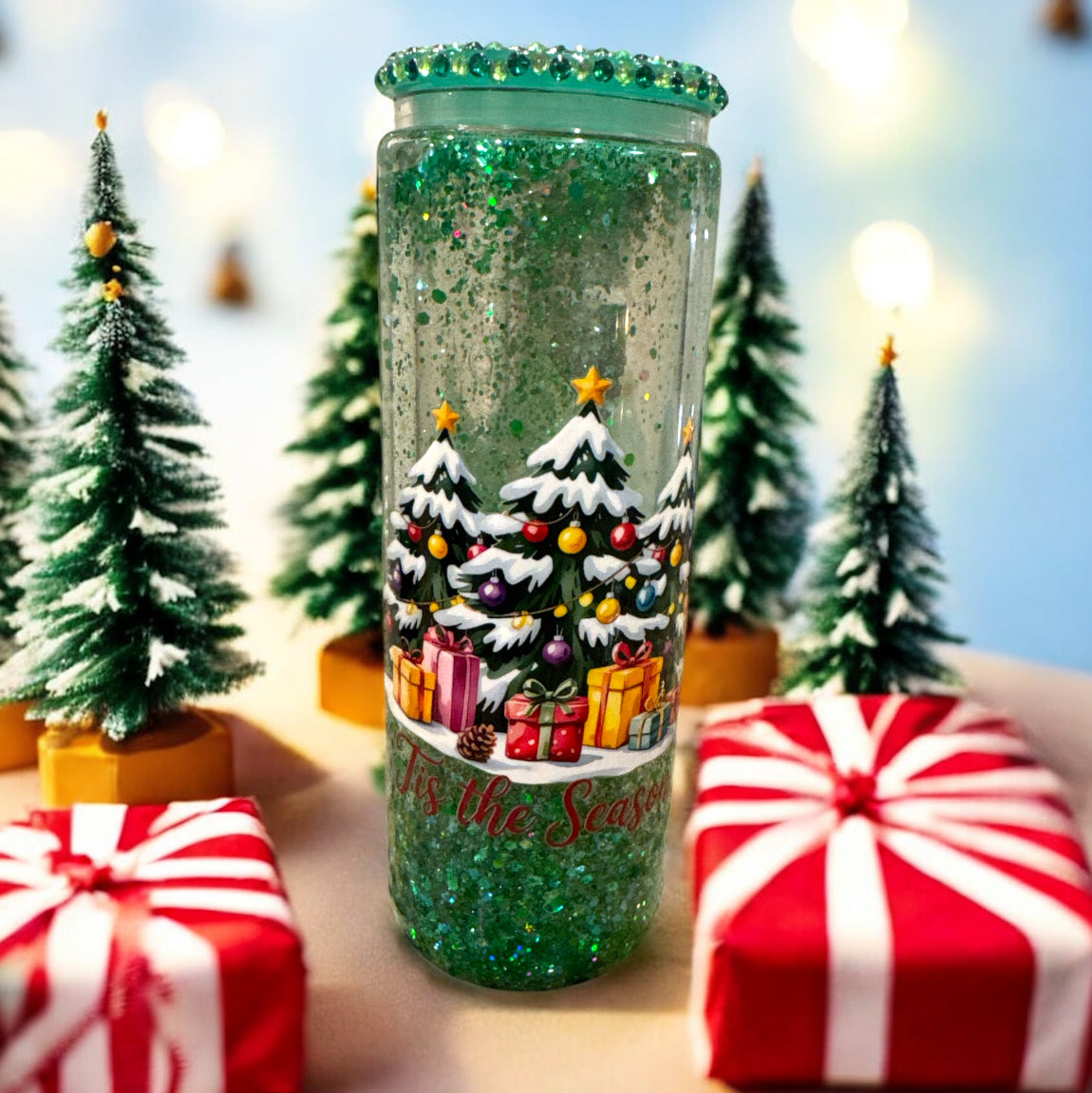 20ozGreeen Christmas trees snowglobe cup